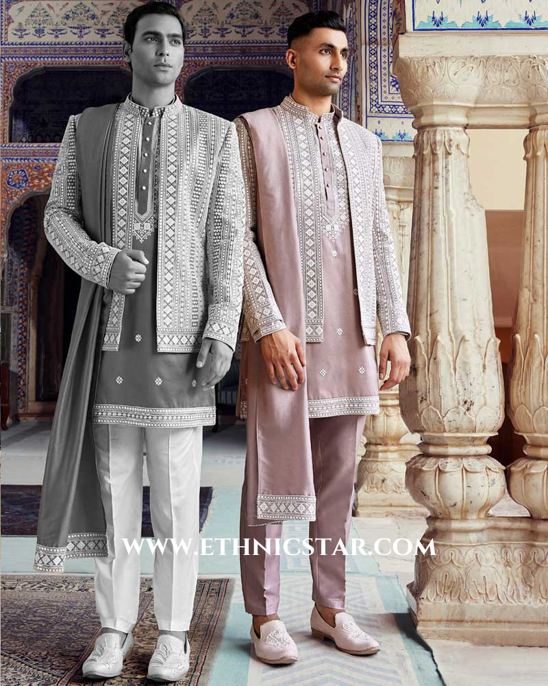 Onion Pink Wedding Indowestern Set With Embroidered Jacket